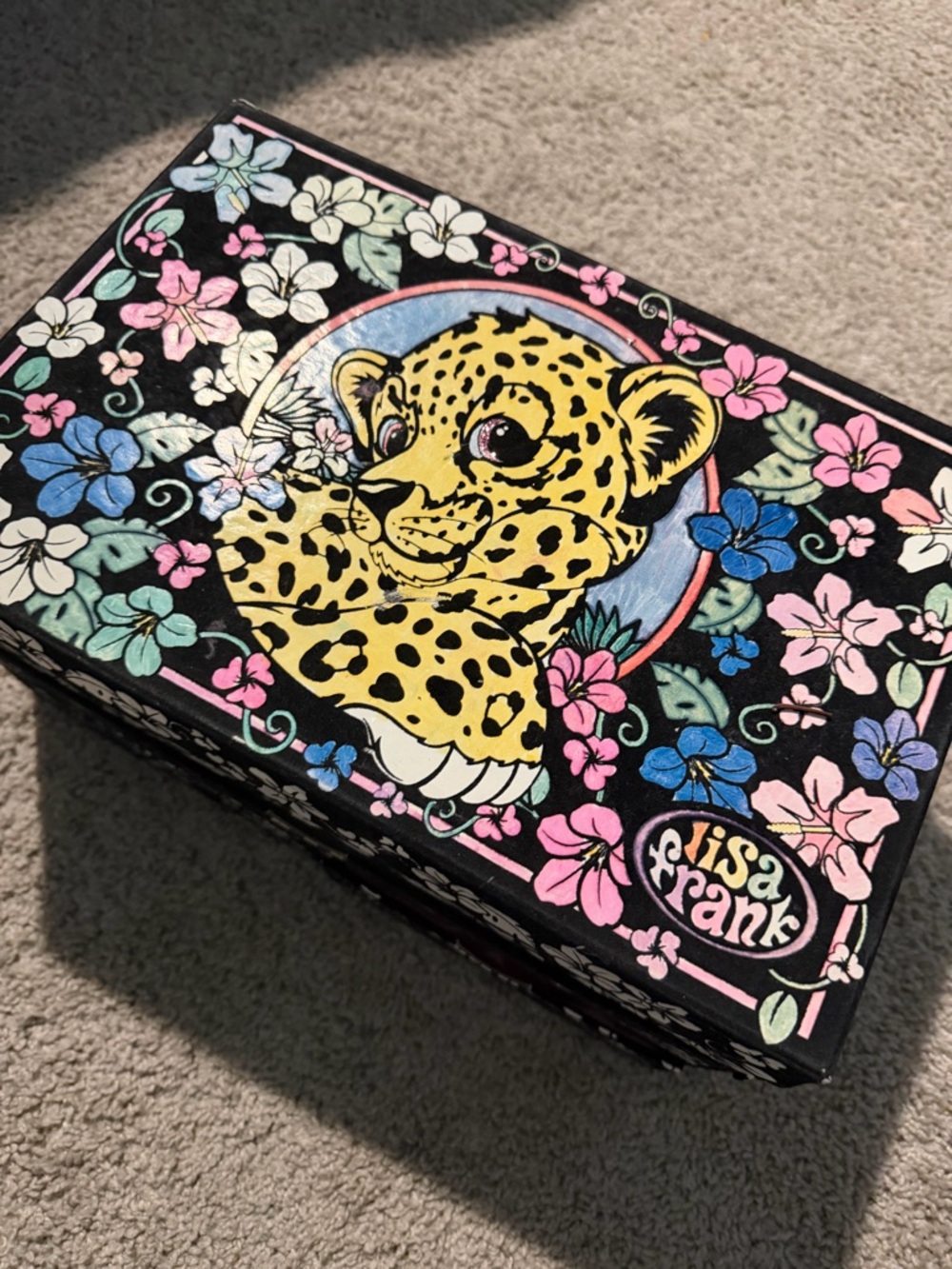 Lisa Frank Yellow Leopard Floral Keepsake Box with Pink and Blue Accents